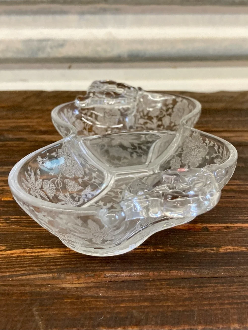 Clear Glass Wildflower Etched Glass Relish Dish Cottage Core 2 Section